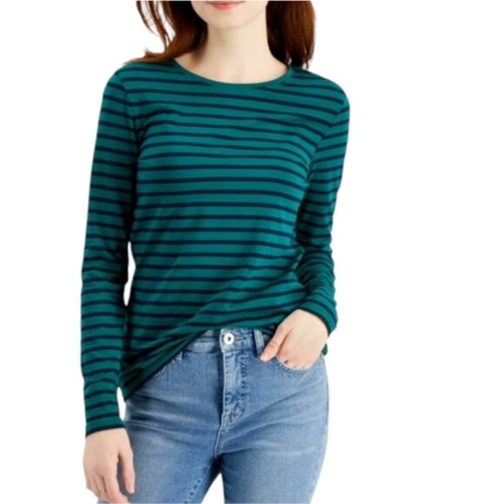 Anne Klein Womens XL Green Navy‎ Striped Long Sleeve Top Gold Shoulder Zippers